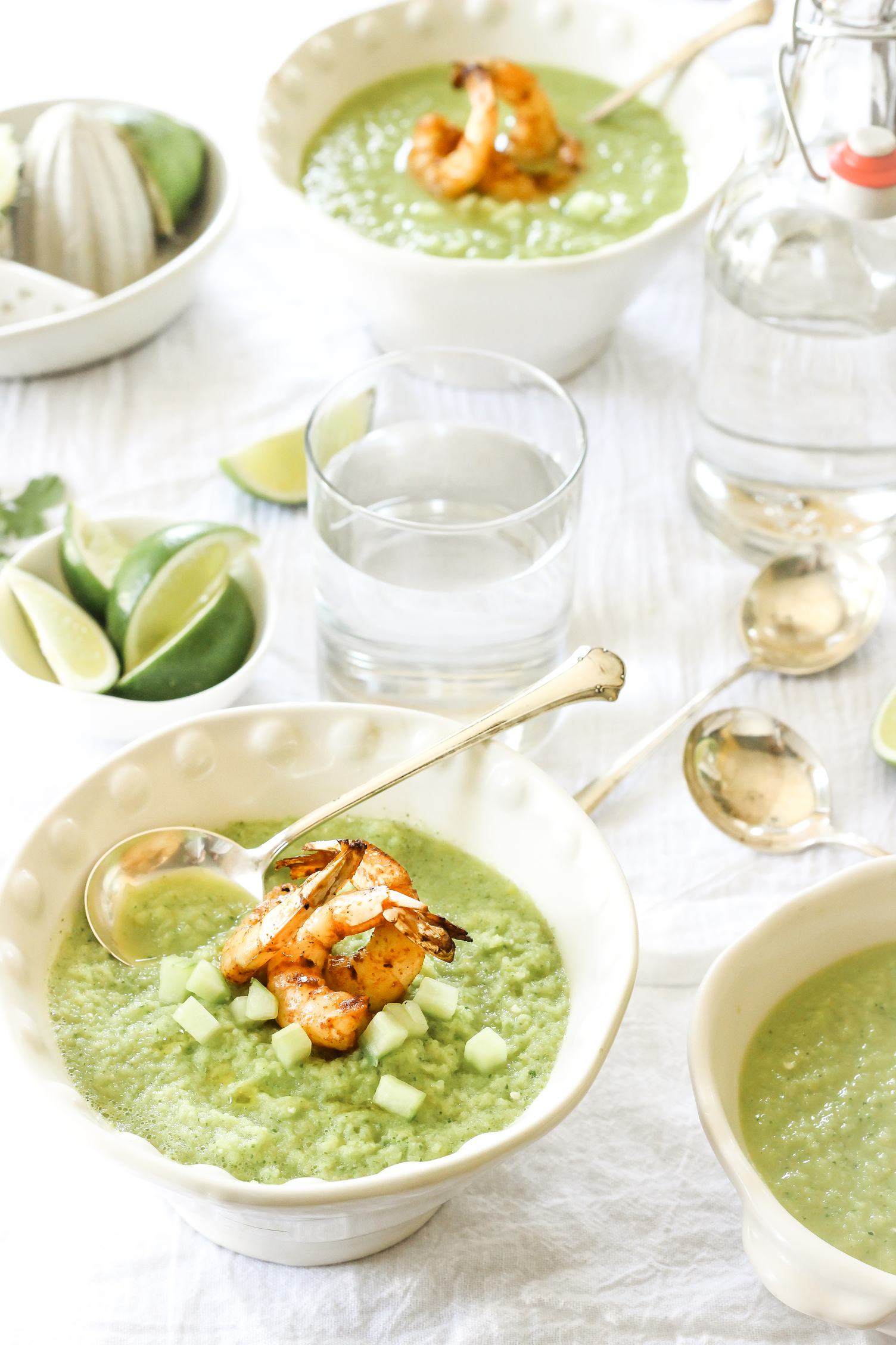 Green Soup with Shrimps in Elegant Bowls