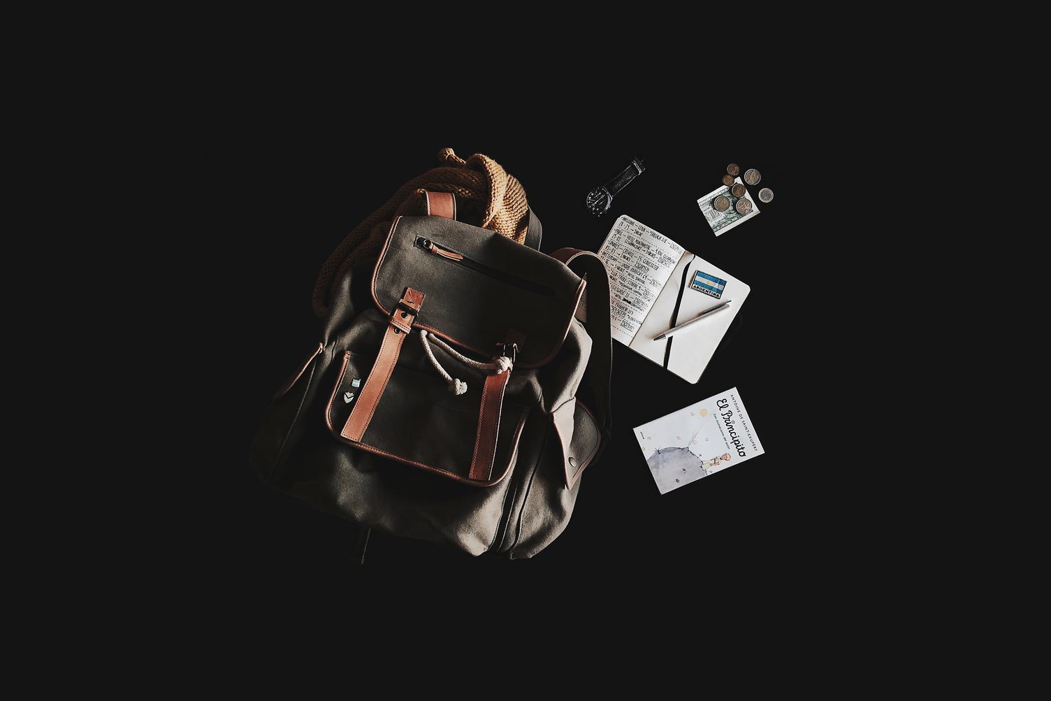 Backpack, Book, Money, Notes on the black Background