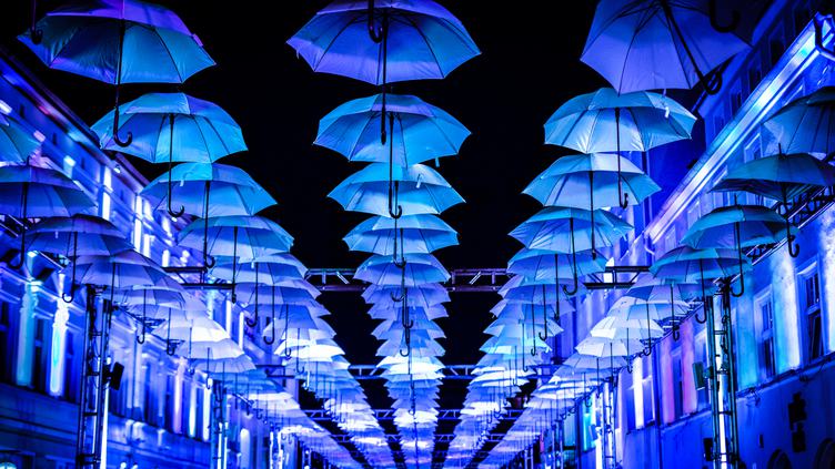 Blue Umbrellas Art Instalation