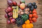 Fruits and Vegetables on Wood Table