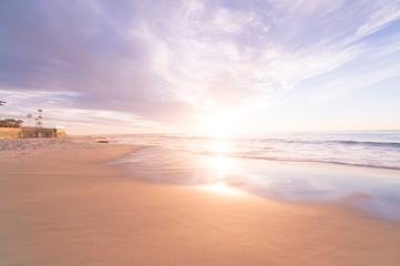 Sunrise - Empty Beach, Violet Sky Reflecting in Wet Sand