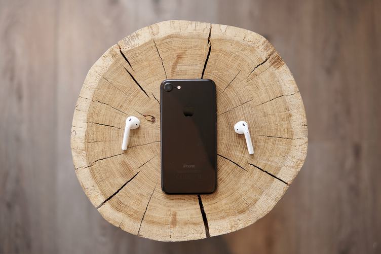 AirPods and iPhone on a Tree Trunk