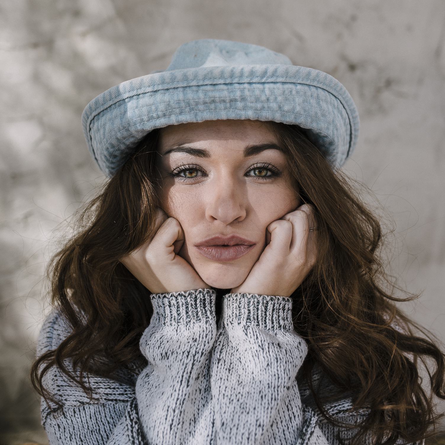 Brunette Wearing Gray Hat