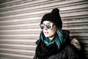 Girl with Blue Hair Wearing Hat and Sunglasses