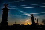Silhouette of the Eiffel Tower and Pont Alexandre III in the Evening in Paris, France