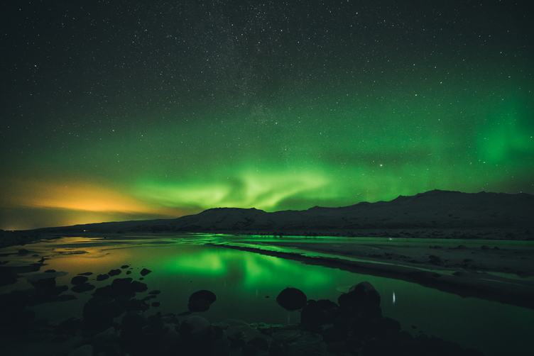 Beautiful Lights Aurora Borealis over Lake