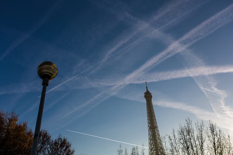 Traces of Planes over Eiffel Tower, Paris, France