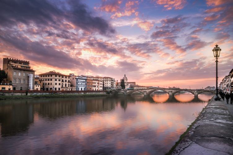 Sunset at the River in Historic Italian Town