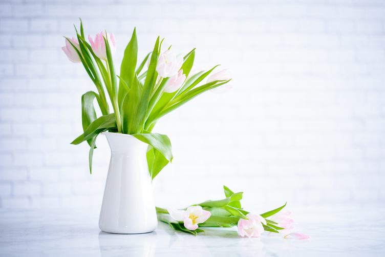 Vase with Bouquet of Tulips on Brick Wall Background