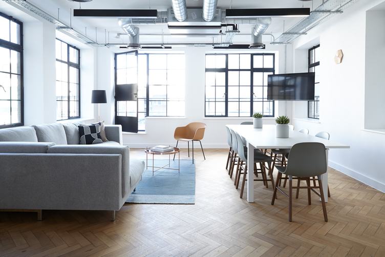 White Room with Sofa and Big Table Scandinavian Interior Design