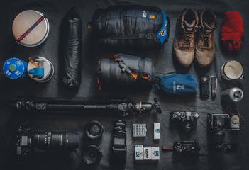 Top View of Equipment for Photographer Adventure Expedition