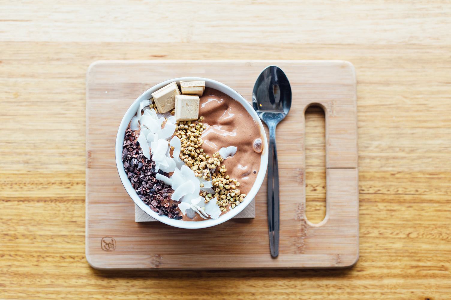 Chocolate Bowl on Wooden Board Delicious Sweet Breakfast