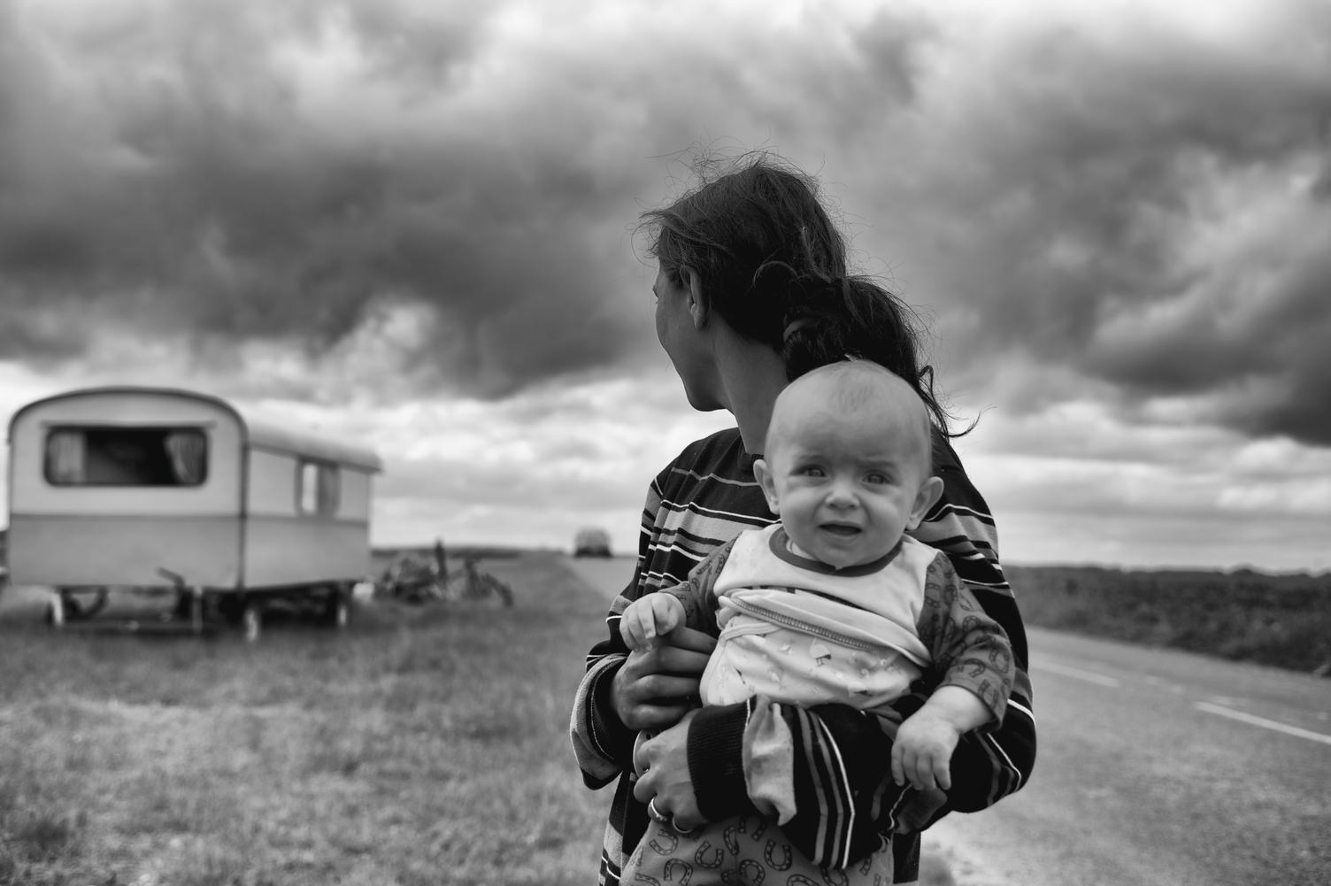 Black & White Image of Mother and her Baby Son Outdoors