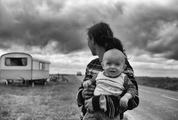 Black & White Image of Mother and her Baby Son Outdoors