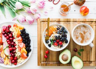 Delicious Breakfast Composition with Fruits and Flowers