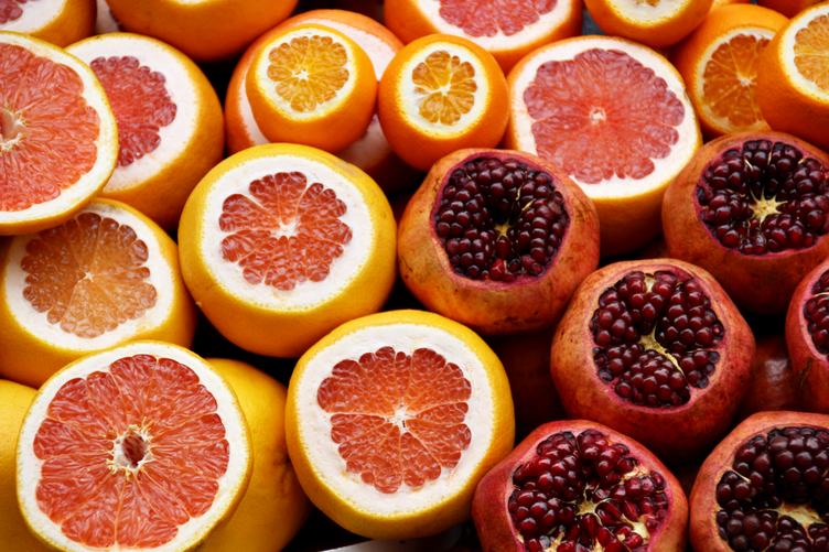 Citrus Fruits Half Cut Orange, Grapefruit, Pomegranate
