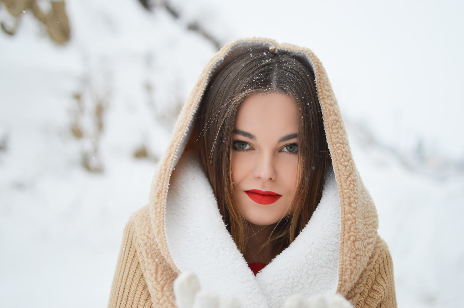 Winter Portrait of Young Beautiful Brunette Woman