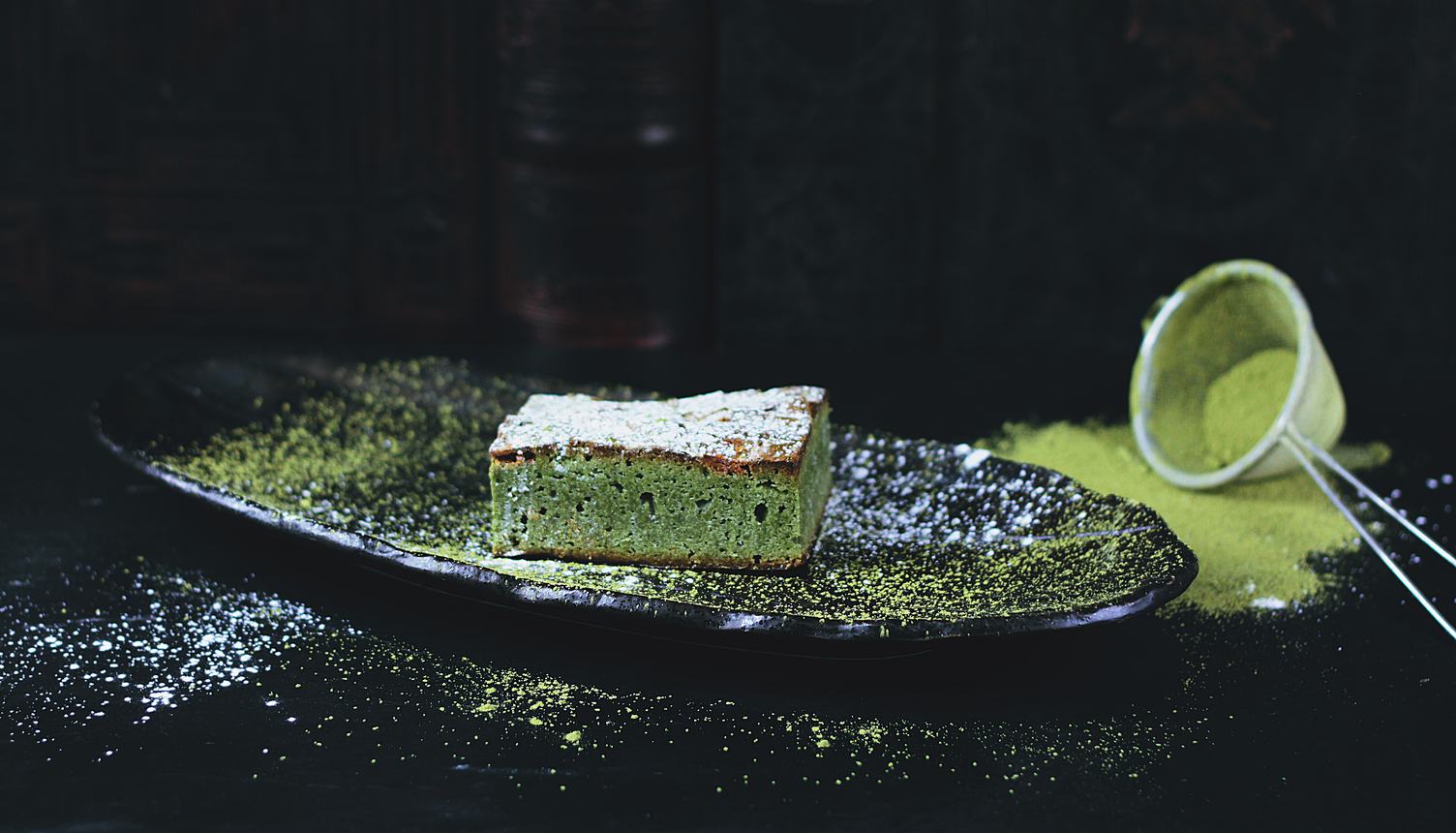 Japanese Matcha Green Tea Cheesecake on Black Plate, Healthy Dessert
