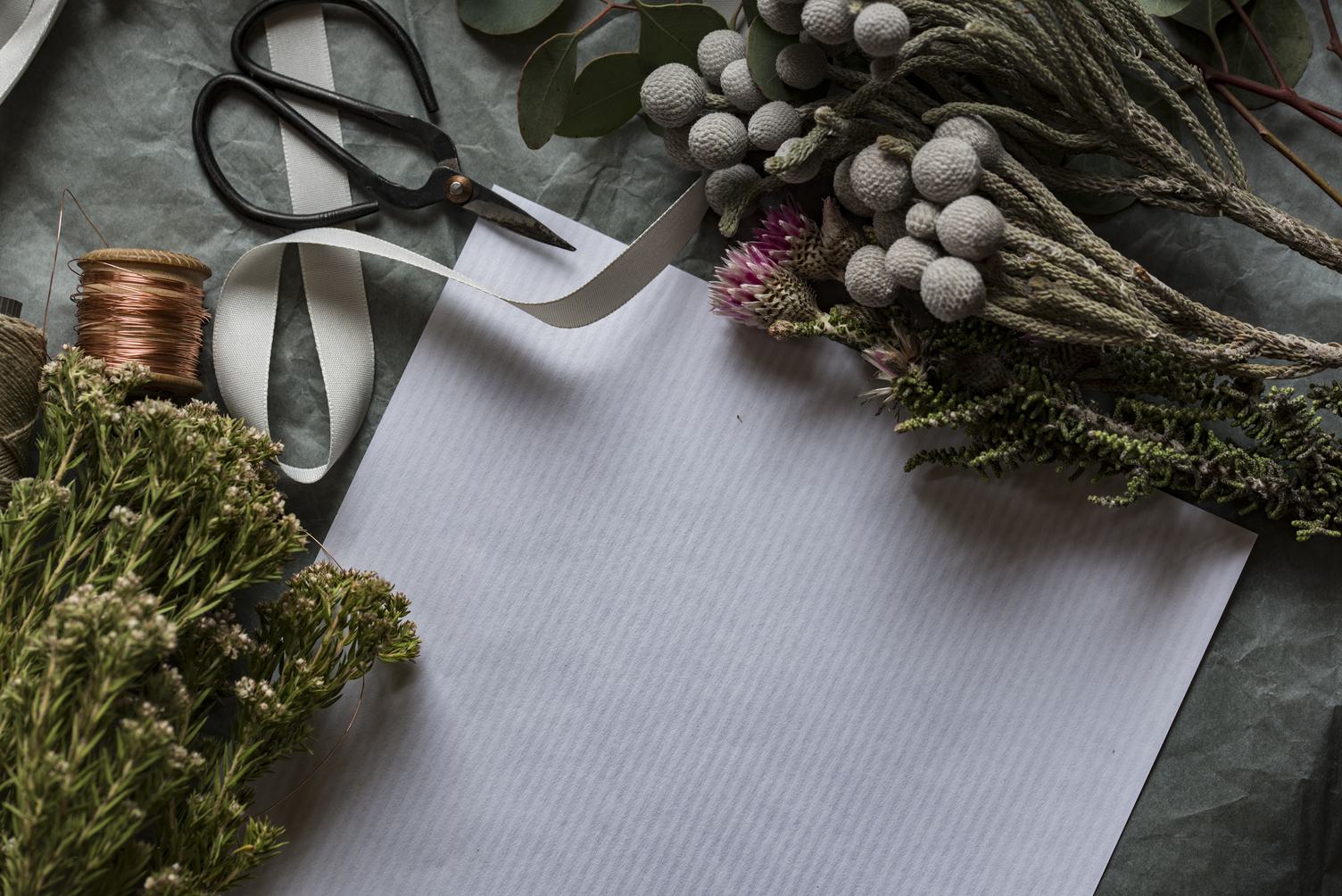 Flat Lay - Beautiful Flowers and Florist Equipment