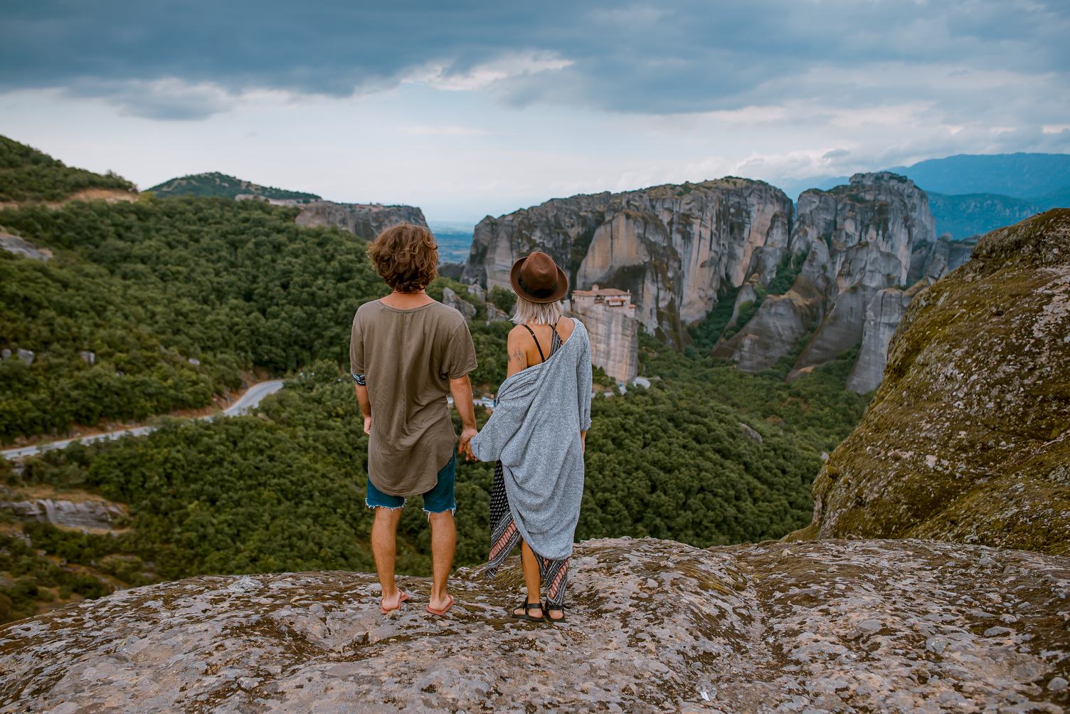 Couple Enjoying Outstanding View of Meteora Mountains, Greece