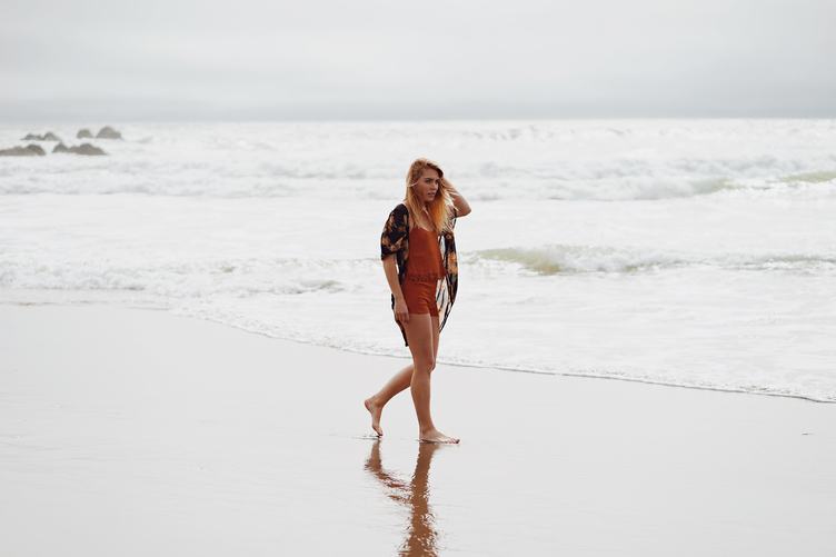 Blond Woman Walking Alone Along a Beach