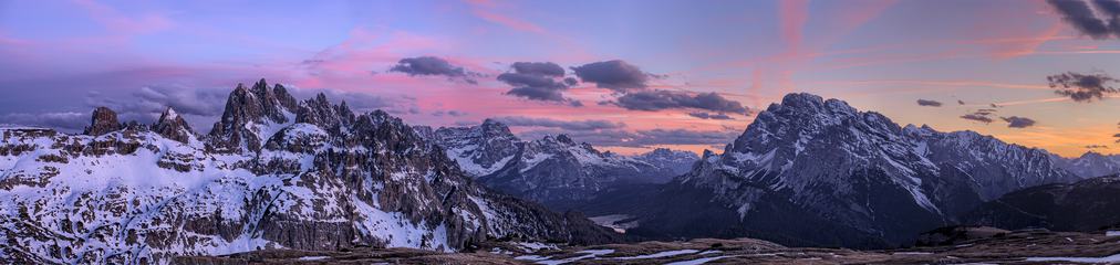 Panorama of Dolomites Mountains at Sunset