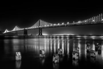 Black & White Image of Oakland Bay Bridge by Night, San Francisco, California
