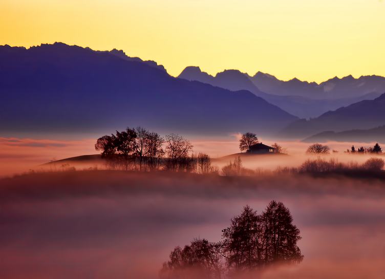 Misty Mountains Landscape with Building and Trees
