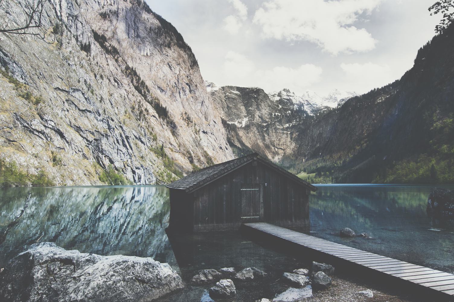 Wooden Boathouse Lake Obersee near Berchtesgaden in the German Alps
