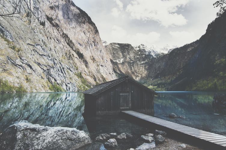 Wooden Boathouse Lake Obersee near Berchtesgaden in the German Alps
