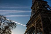 Closeup of Eiffel Tower against Blue Sky