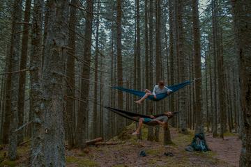 Couple Who Loves to Travel Relaxing in Two Hammocks in the Forest