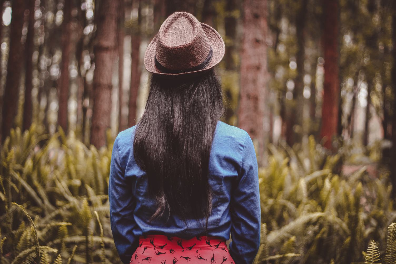 Girl Standing Back and Watching Trees and Ferns in the Forest