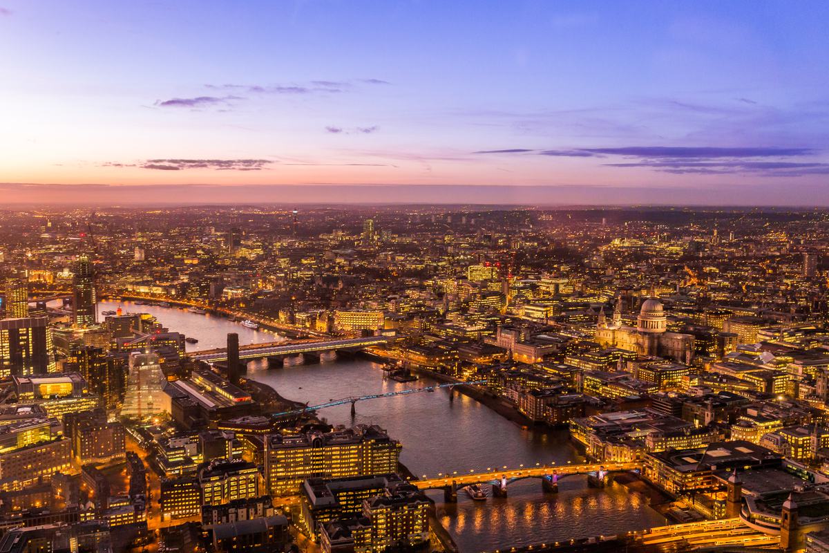 aerial view of london at night