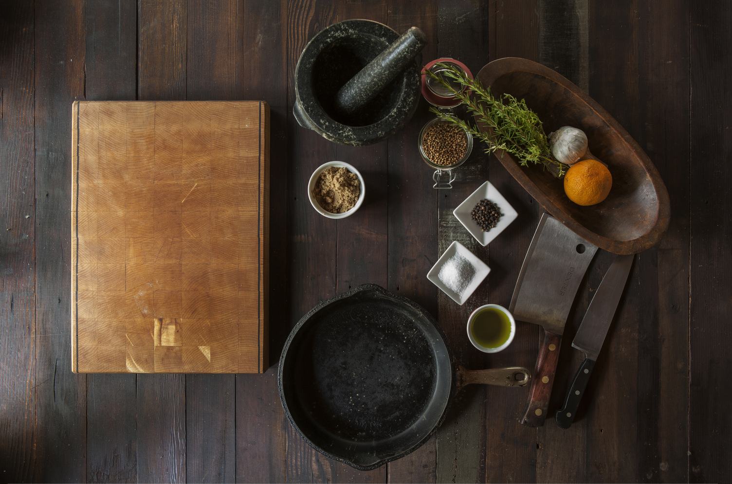 Cutting Board, Pan, Mortar and Spices - Cuisine Flatlay