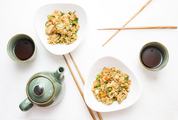 Chicken Fried Rice Served with Tea, Flatlay on White