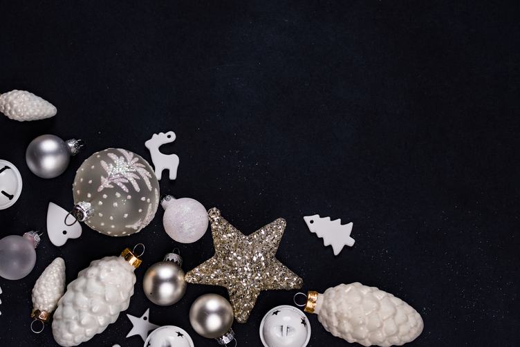 White Christmas Decorations Flatlay with Black Background