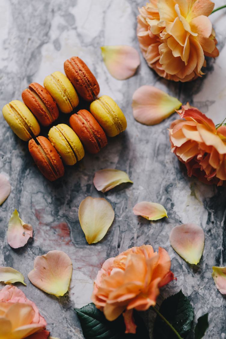 Orange and Yellow Macarons with Roses