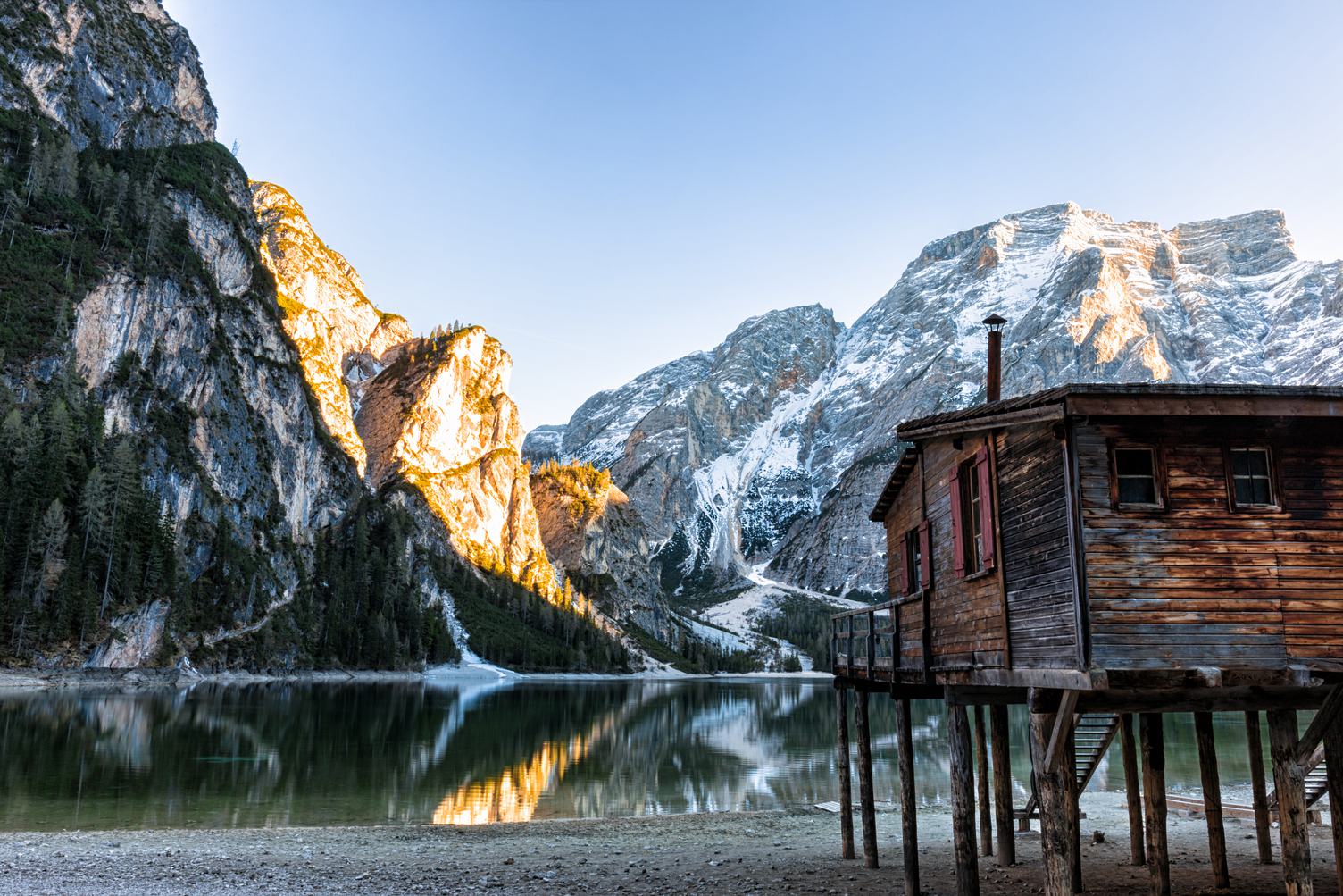 Boathouse at Pragser Wildsee, South Tyrol, Italy