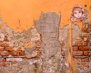 Cracked Concrete Brick Wall with Graffiti