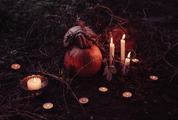 Halloween Outdoors Decoration Candles Burning with Pumpkins