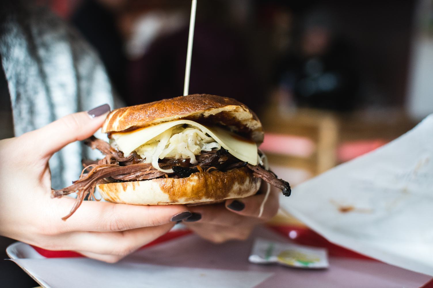 Pulled Meat Burger in Female Hands