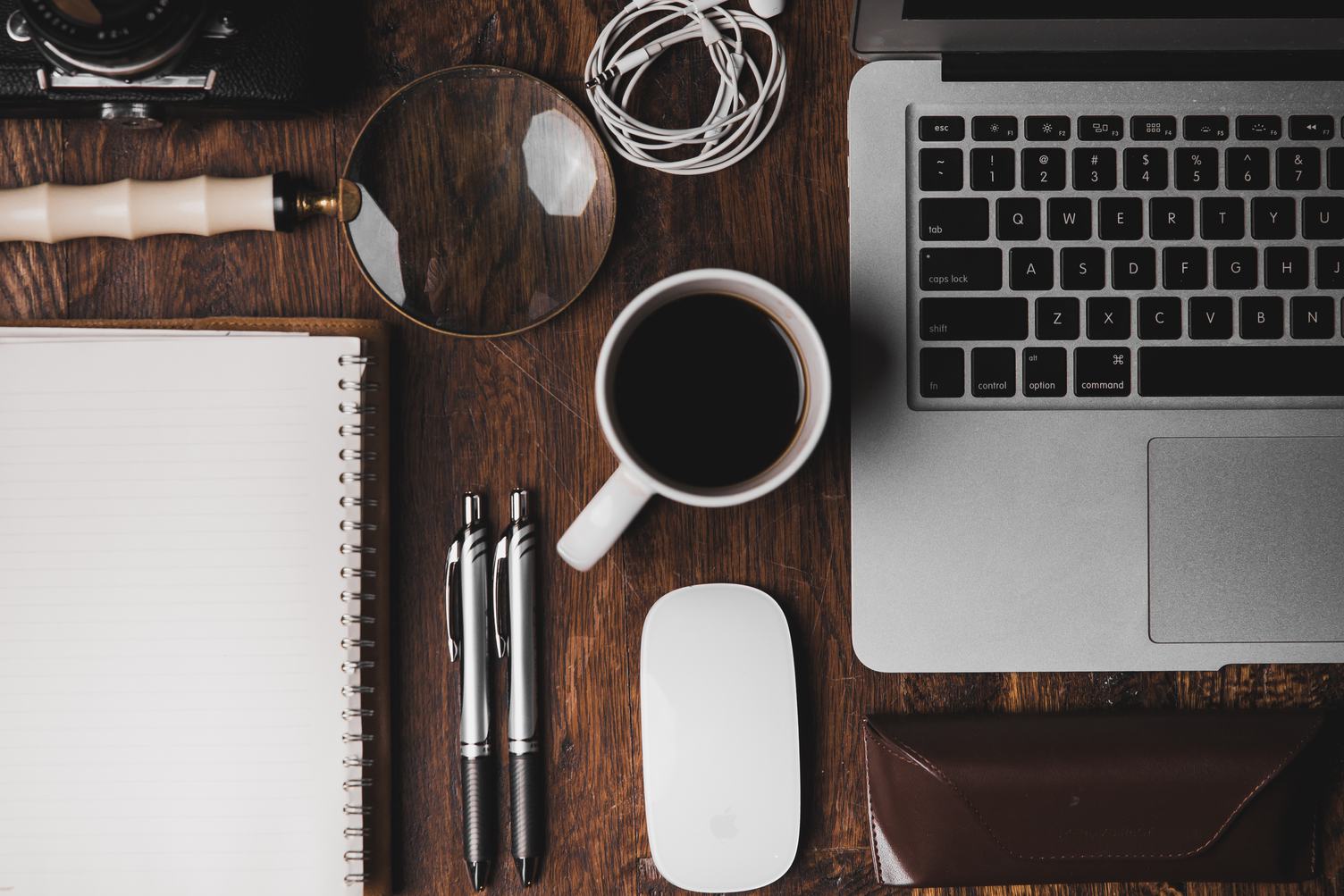 Vintage Wooden Desk Workplace Flatlay