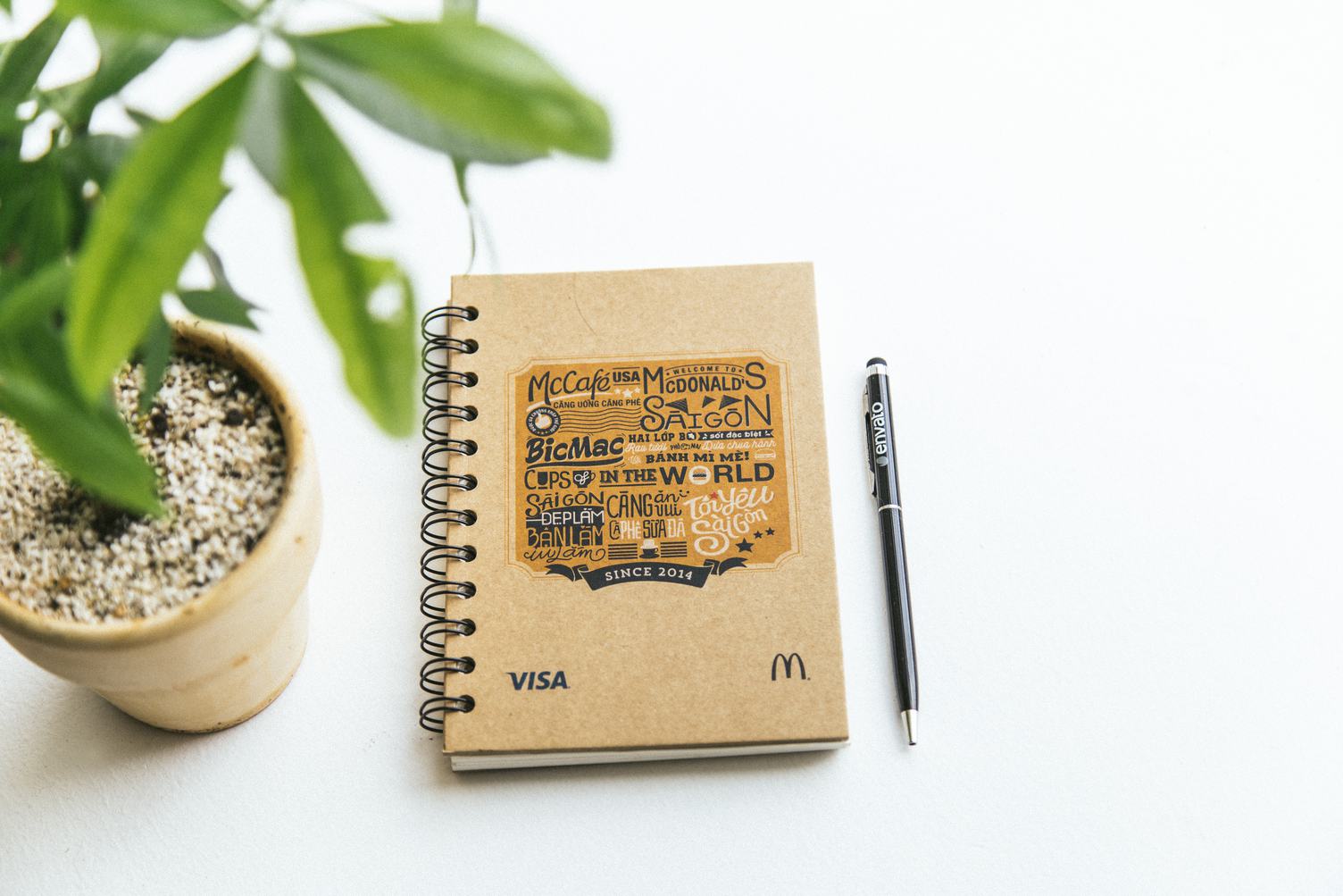 Top View Image of Notebook, Pen and Plant