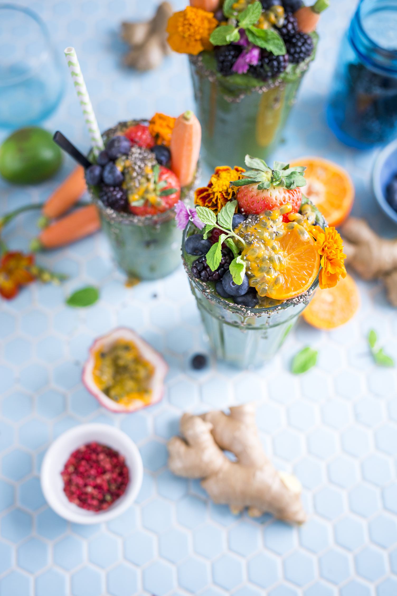 Vegan Smoothie Garnish with Fruits and Flowers