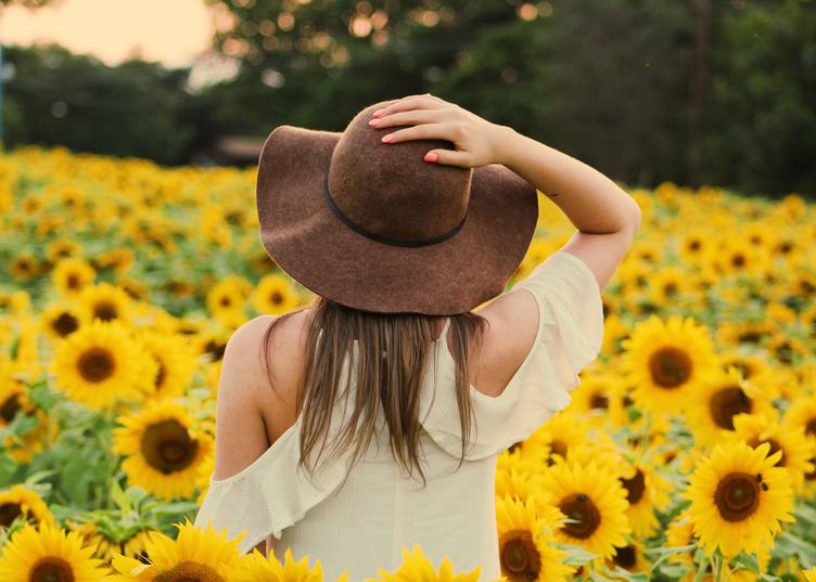 Woman Standing Back in Sunflowers Field