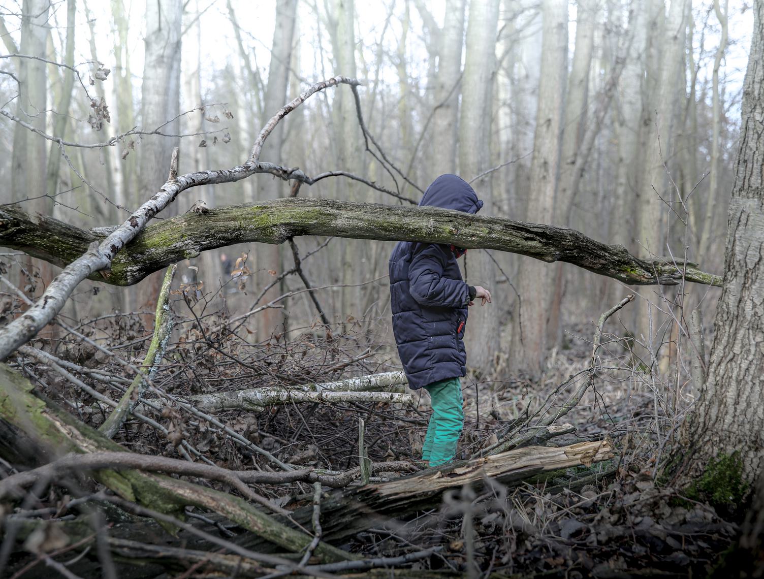 Child in Wild Winter Forest